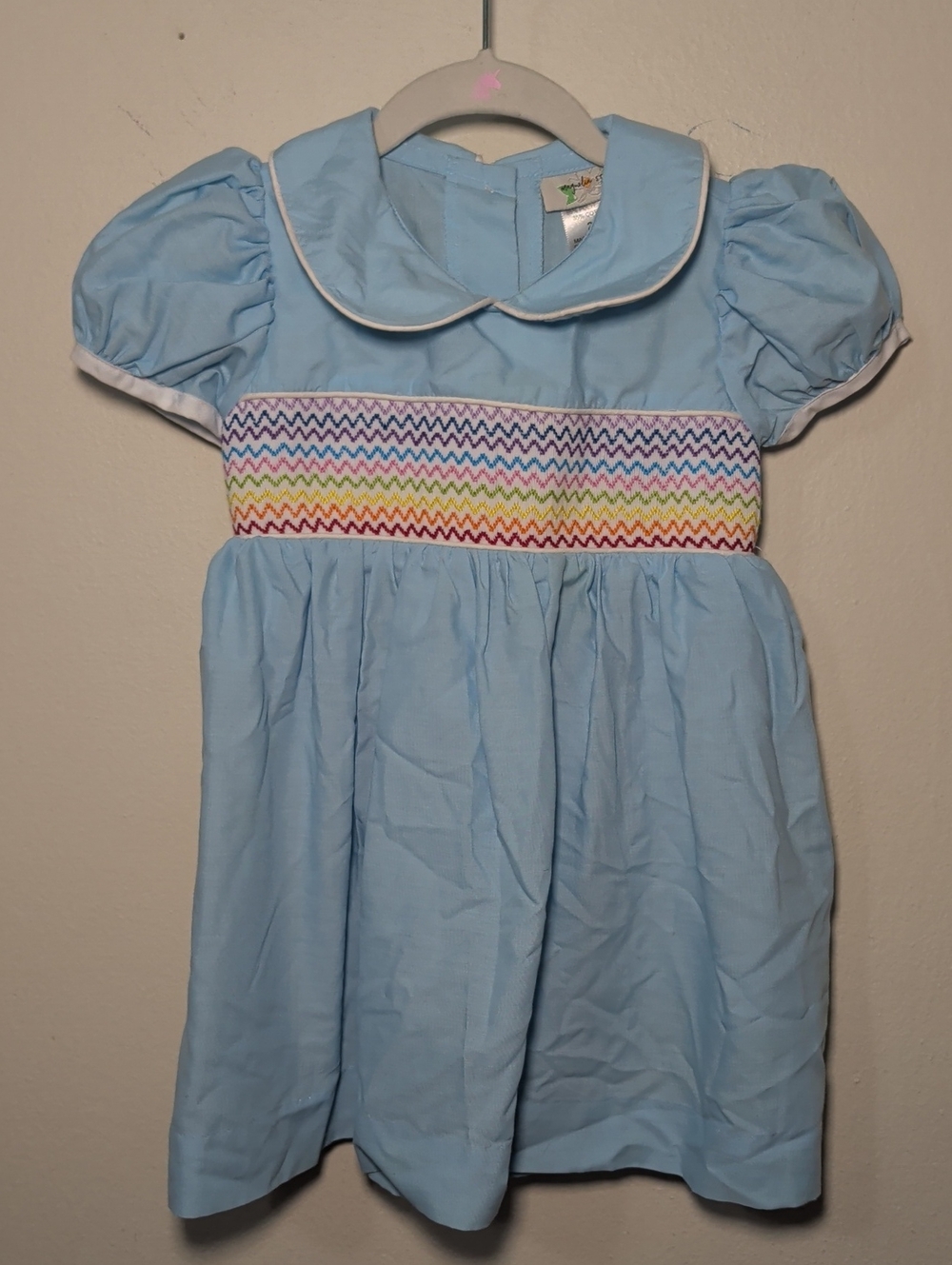 Magnolia Steel Light Blue Rainbow Smocked Dress Peter Pan Collar Girls Size 2T